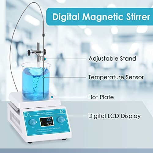 Digital magnetic stirrer with adjustable stand, temperature sensor, hot plate, and digital LCD display.