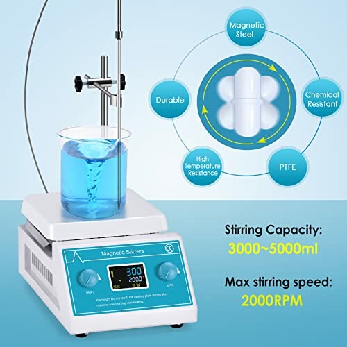 Digital magnetic stirrer with blue liquid and stirring capacity details.